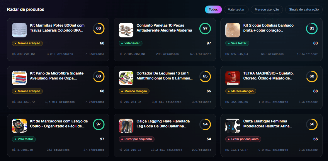 Dashboard do Radar Tikshop com a grade de produtos analisados, score e recomendação (vale testar, merece atenção ou sinais de saturação) por produto.
